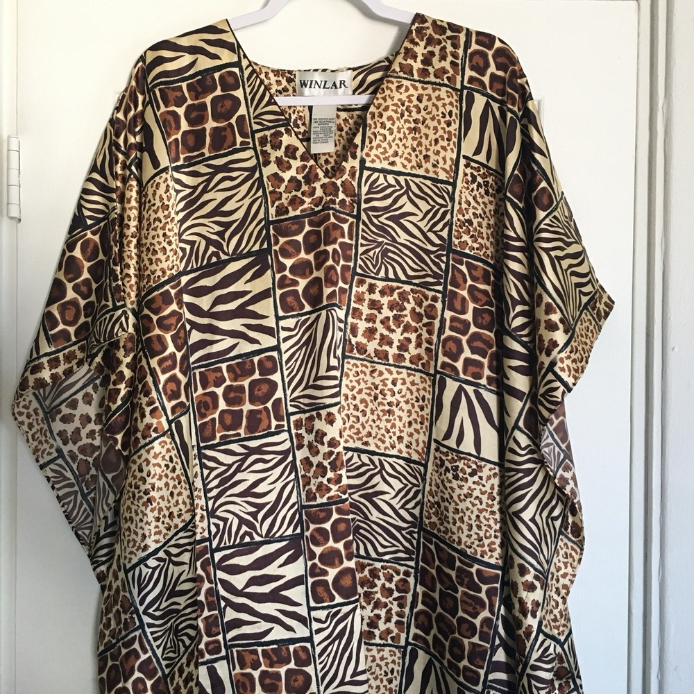 Vintage Winlar Kaftan Satin Animal Print Maxi Long Dress One Size Silky Soft